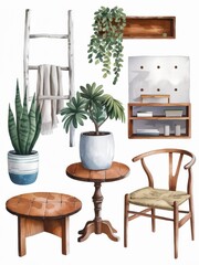 Watercolor illustration of home decor items and plants