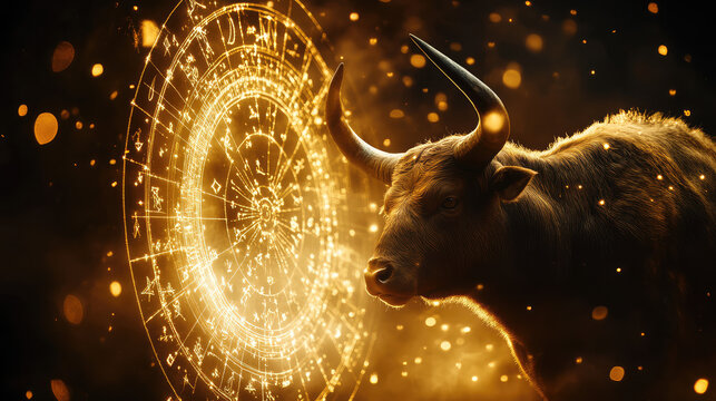 Taurus zodiac sign against horoscope wheel. Astrology calendar. Esoteric horoscope and fortune telling concept