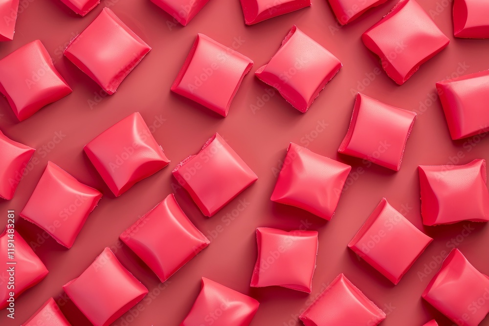 Poster pattern of vibrant, square shaped ruby chocolate pieces arranged on a matching red background, creat