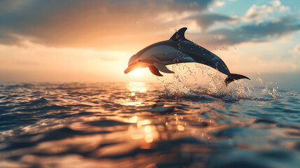 Graceful Dolphin Silhouette Soars High Above the Tranquil Ocean at Dusk, Showcasing Nature's Beauty and Freedom