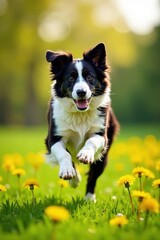 Fototapeta premium Border collie leaping over dandelions, showcasing its athleticism , dandelions, jumping