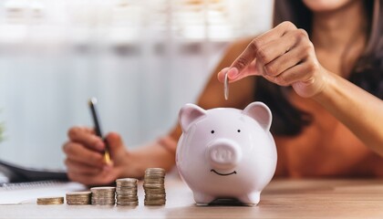 Generated image Saving money wealth concept, asian young business woman hand putting coin into piggy