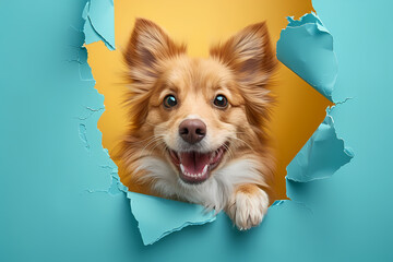 A happy dog with a wide smile peeks out of a hole in a blue paper background