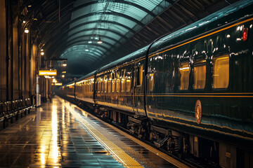 Fototapeta premium Luxury train departs from an elegant railway station platform at night