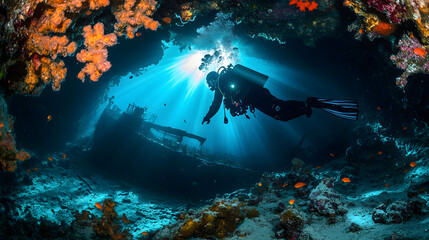 Obraz premium An Adventurous Deep-Sea Diver's Exploration of a Mysterious Underwater Cave Filled with Life and Secrets