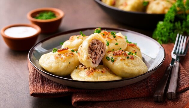 Generated image  Savory Polish pyzy (potato dumplings) filled with meat