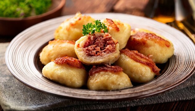 Generated image  Savory Polish pyzy (potato dumplings) filled with meat