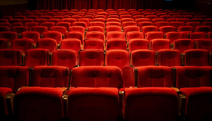 Fototapeta premium Empty red velvet cinema seats fill the frame, creating a dramatic and atmospheric image perfect for film, entertainment, or travel websites.