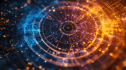 Obraz premium Virgo zodiac sign against horoscope wheel. Astrology calendar. Esoteric horoscope and fortune telling concept