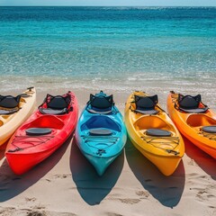 Colorful kayaks lined up on sandy beach with turquoise ocean in the background