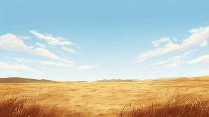 Golden Grasslands Under a Vast Blue Sky
