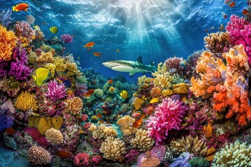 Fototapeta premium Vibrant underwater scene with reef shark and colorful coral