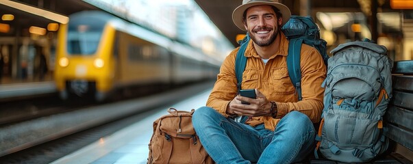 Man sitting on a bench at train station using smartphone