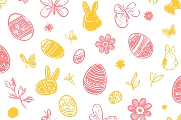 Seamless easter pattern with bunnies, decorated eggs, butterflies, and flowers celebrating spring festivities