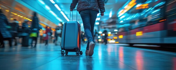 Fototapeta premium Traveler walking with luggage through a bustling airport terminal