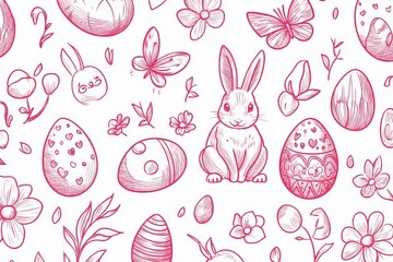 Pink easter bunny sitting with decorated eggs and spring flowers seamless pattern