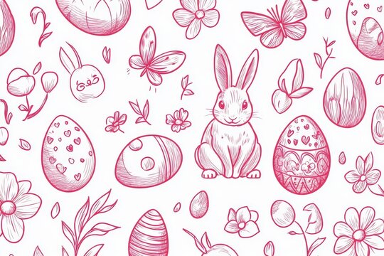 Pink easter bunny sitting with decorated eggs and spring flowers seamless pattern - Powered by Adobe