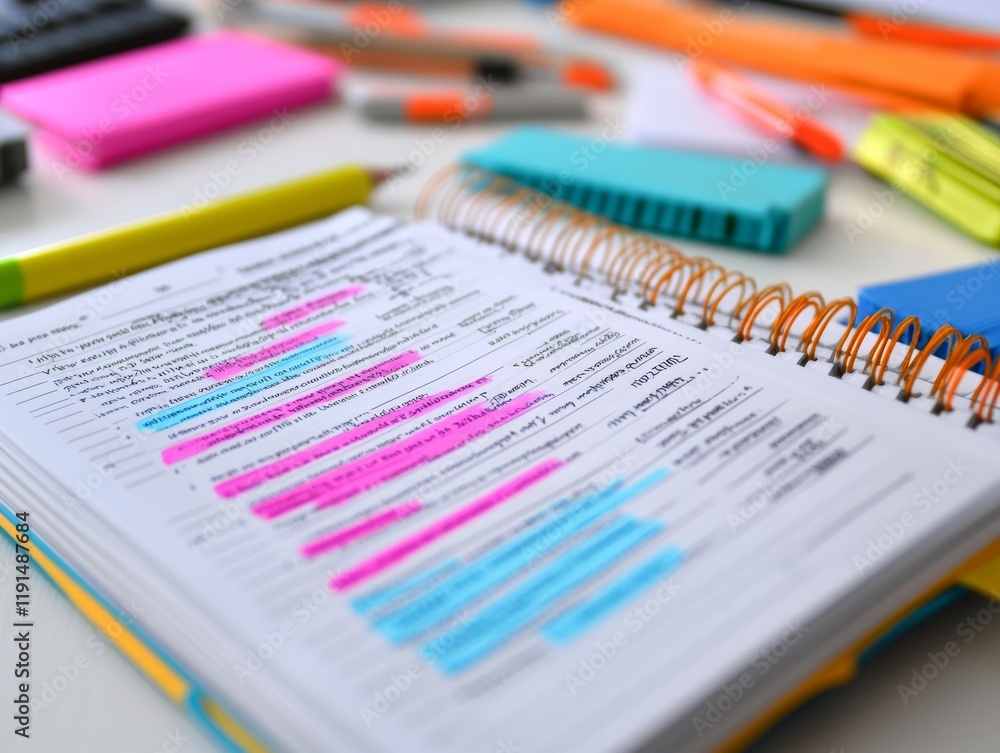 Poster study guide essentials highlighted exam notes and study materials on desk