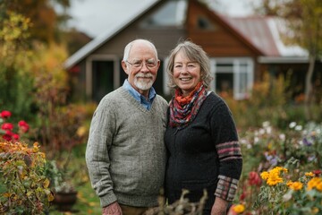 Happy senior couple smiling together in front of their house and garden
