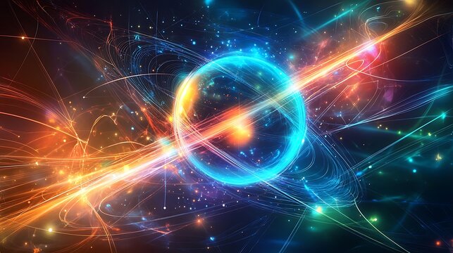 Abstract visualization of quantum particles interacting in a colorful and dynamic field