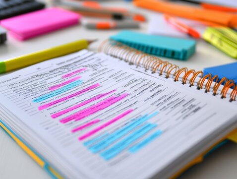 Study Guide Essentials Highlighted Exam Notes and Study Materials on Desk
