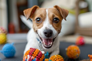 Adorable jack russell terrier showing excitement while playing with its colorful toys