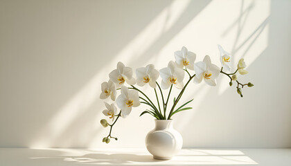 Elegant white orchids in a vase with soft shadows on a light background  for Women's Day