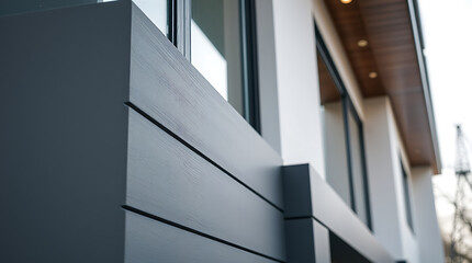 Obraz premium Modern House Exterior: Sleek Grey Siding and Clean Lines. Contemporary Architecture Design, showcasing a stylish and elegant home facade.
