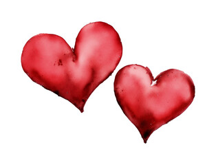 Fototapeta premium Two red hearts painted in watercolor style on transparent background, symbolizing love and romance. Valentine's day, wedding illustration.