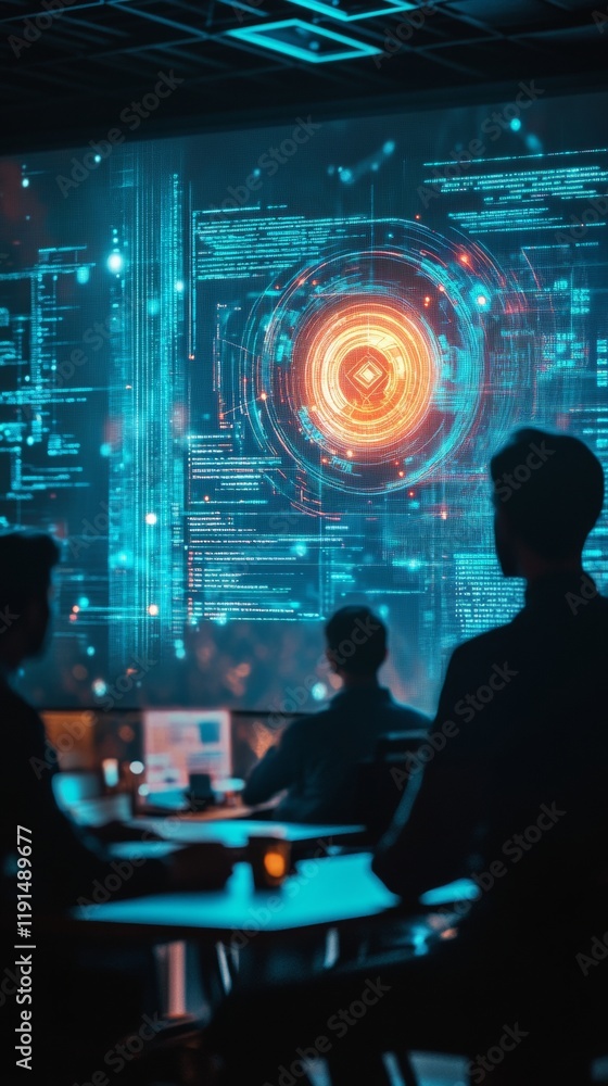 Poster silhouetted cybersecurity discussion with holographic data projection in dimly lit room