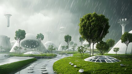 Artistic depiction of a futuristic weather control system with dynamic climate patterns