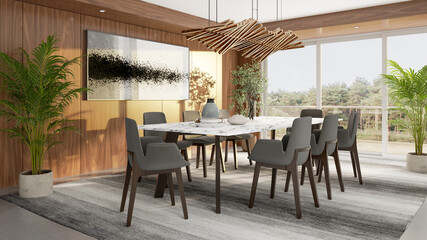 Large luxury modern bright interiors Living room mockup illustration 3D rendering image