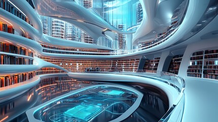 Visualization of a futuristic library with holographic books and advanced learning systems