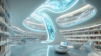 Visualization of a futuristic library with holographic books and advanced learning systems