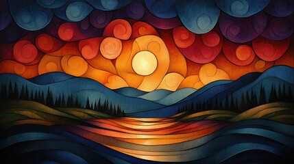 Vibrant sunset over stylized mountains and lake.