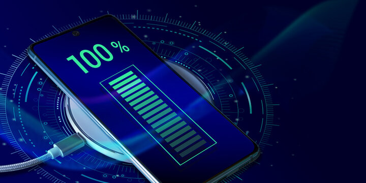 Smartphone on wireless charger at 100 percent battery, representing completion and full power for ads for chargers or tech promotions - Powered by Adobe