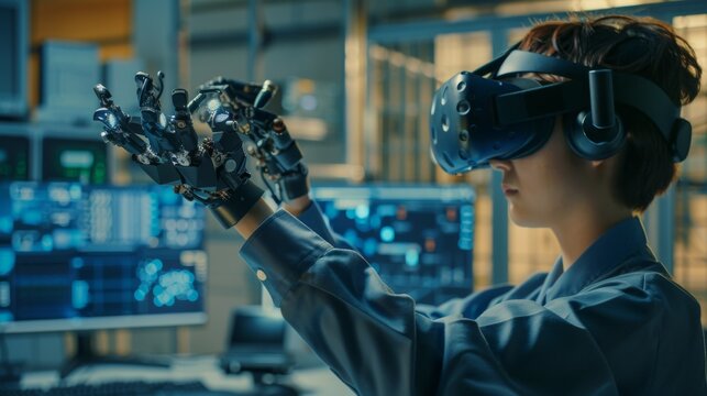 A woman wearing a VR headset is controlling a robot with her hands