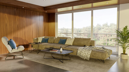 Large luxury modern bright interiors Living room mockup illustration 3D rendering image