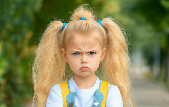 Portrait of grumpy little girl with blonde hair making angry face outdoors