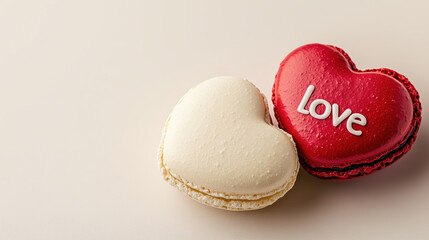 Heart shaped macaron with sugar text &ldquo;Love&rdquo; and and classic macaron on a beige background with space for text or design