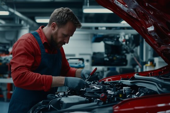 A working mechanic works with the car under the open bonnet, concept of car service, insurance, car repair services, roadside assistance