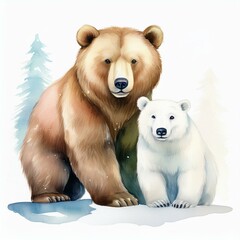 Fototapeta premium Generated image Watercolor cartoon illustration for children's book of a cute brown bear and a polar bear