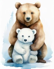 Generated image Watercolor cartoon illustration for children's book of a cute brown bear and a polar bear