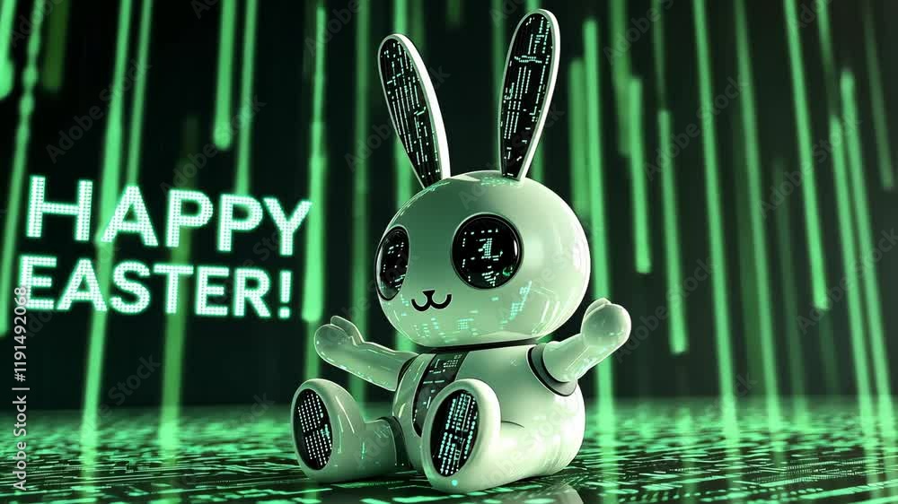 Aufkleber a cheerful rabbit robot with a high tech design sits amidst flowing green binary code, celebrating t