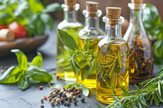 Small glass bottles of aromatic olive oil infused with rosemary, basil, and other herbs and spices sit on a table, ready for cooking and flavoring dishes