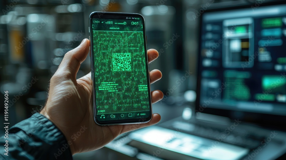 Poster a hand holds a smartphone displaying a qr code and green code