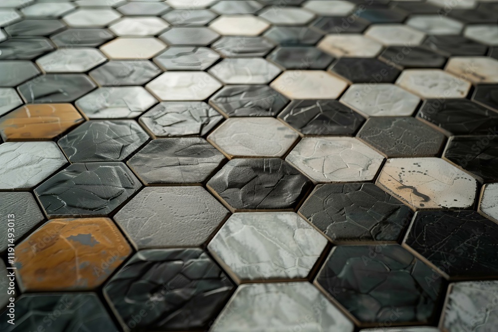 Poster hexagonal mosaic tiles in various colors and textures create a stylish and textured surface, perfect