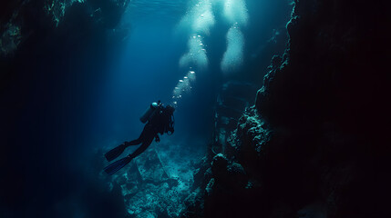 An Adventurous Deep-Sea Diver's Exploration of a Mysterious Underwater Cave Filled with Life and Secrets
