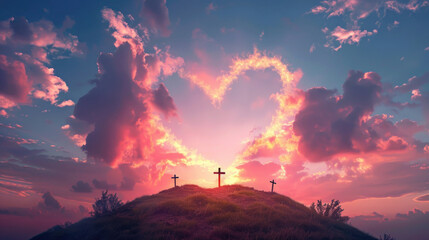 Easter landscape with three crosses on hill, crucifixion of Jesus Christ with heart from the clouds