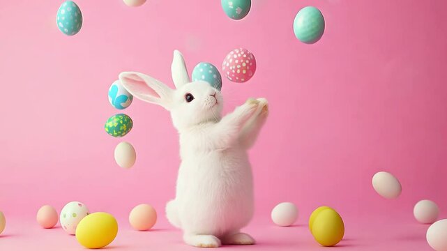 Adorable fluffy rabbit juggling vibrant Ester eggs, standing upright on pink studio background